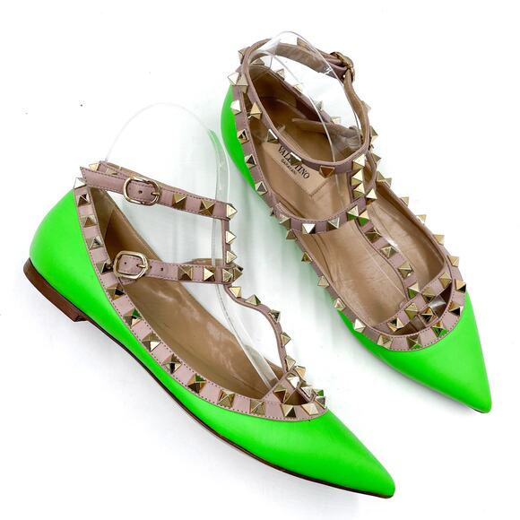 Valentino Rockstud Flats Green Leather Ankle Strap Pointed Toe Sz 36.5 /‎ 6.5 US - Picture 1 of 10